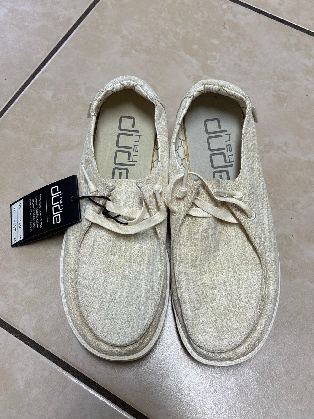 Hey Dudes Women’s Size 7 in Cream with Sparkling Gold